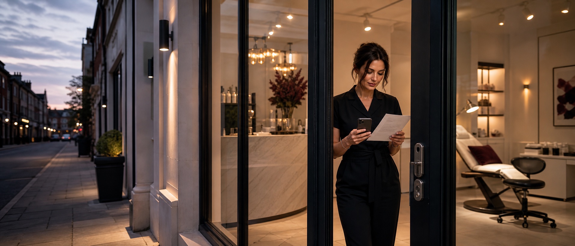 PMU studio owner checking her phone and closing checklist inside a well-lit secure high-street studio at dusk