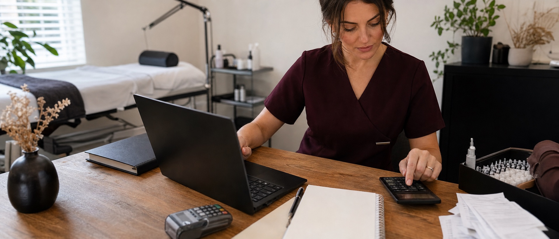 Self-employed permanent makeup artist reviewing UK business accounts, receipts and treatment diary