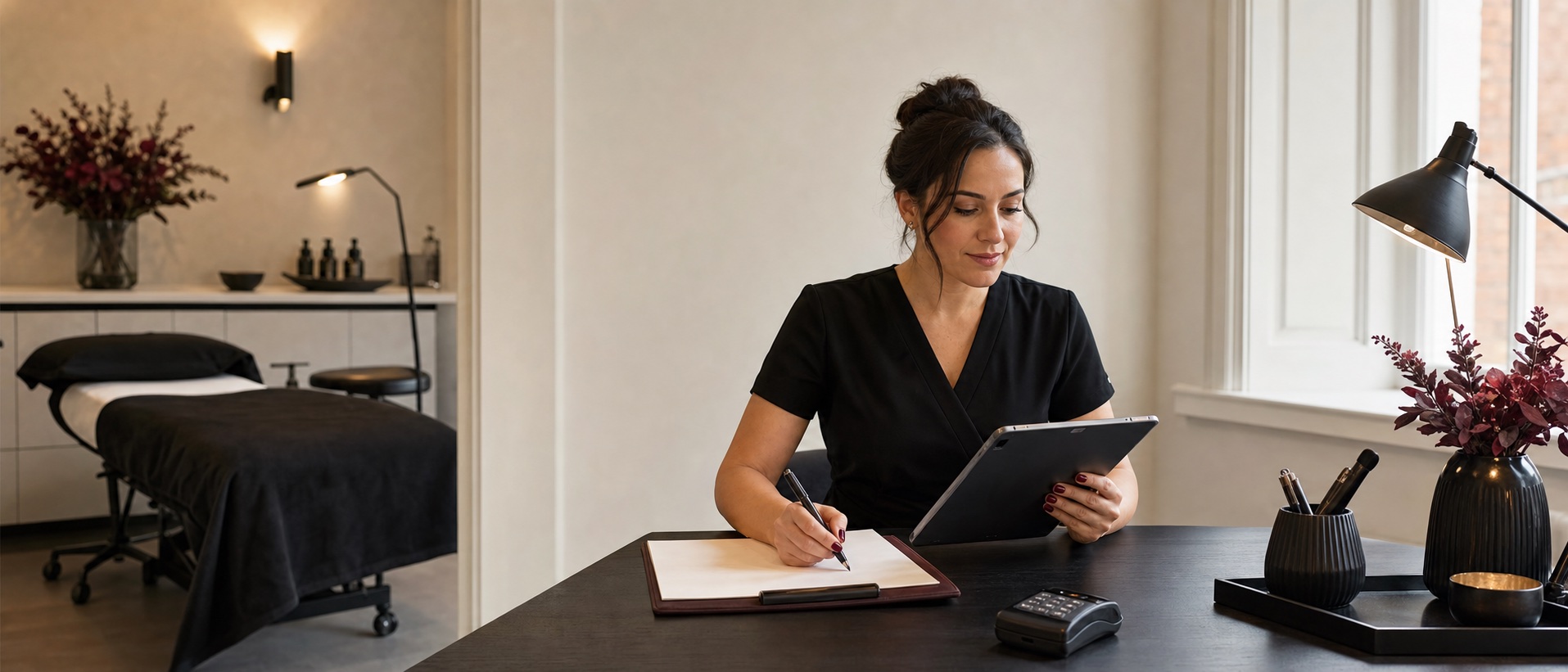 PMU studio owner reviewing booking paperwork beside a tablet and card reader in a professional treatment room
