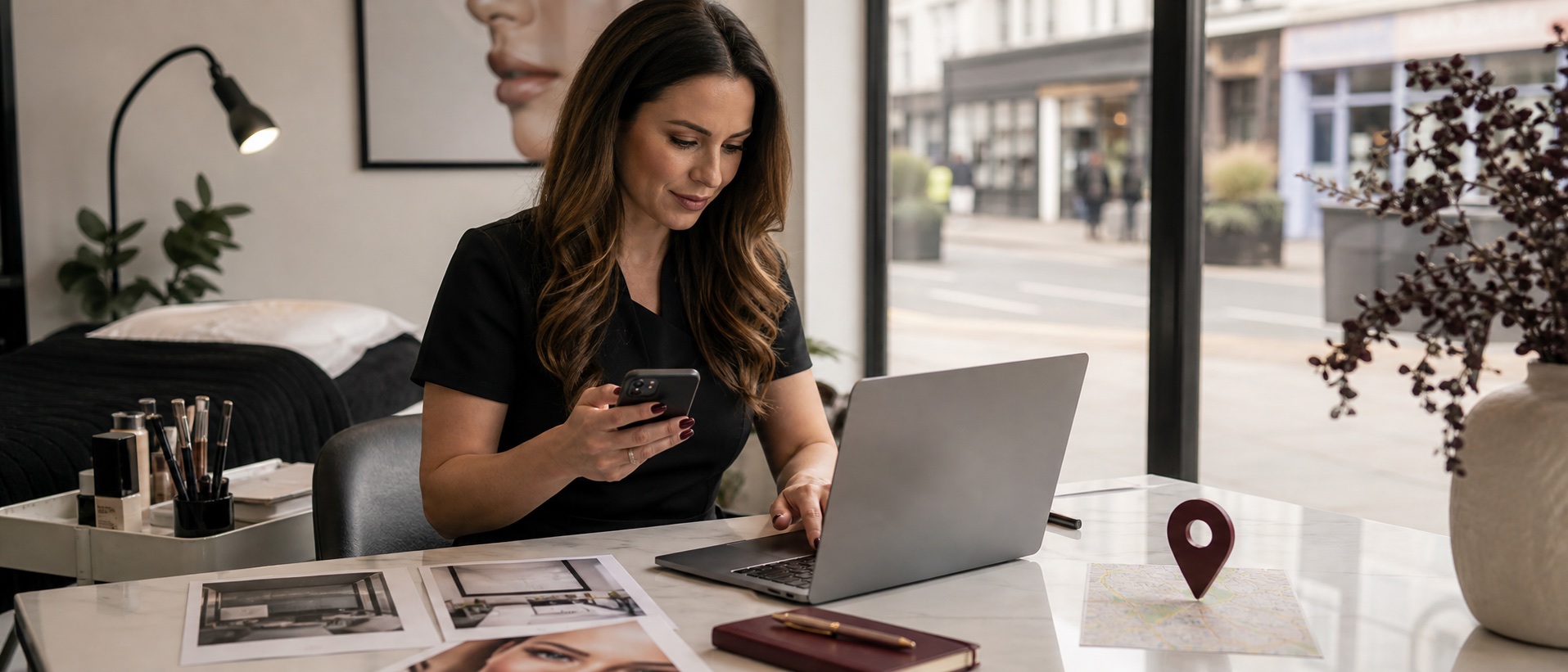PMU business owner planning local search visibility with a laptop, phone, studio photographs and location map