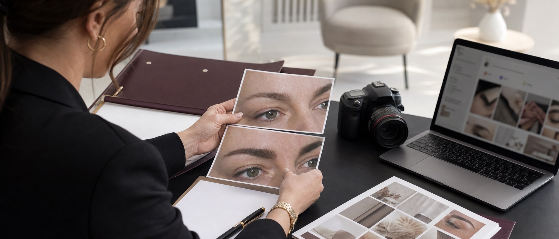 Permanent makeup artist creating truthful before-and-after marketing content on a phone beside a client portfolio