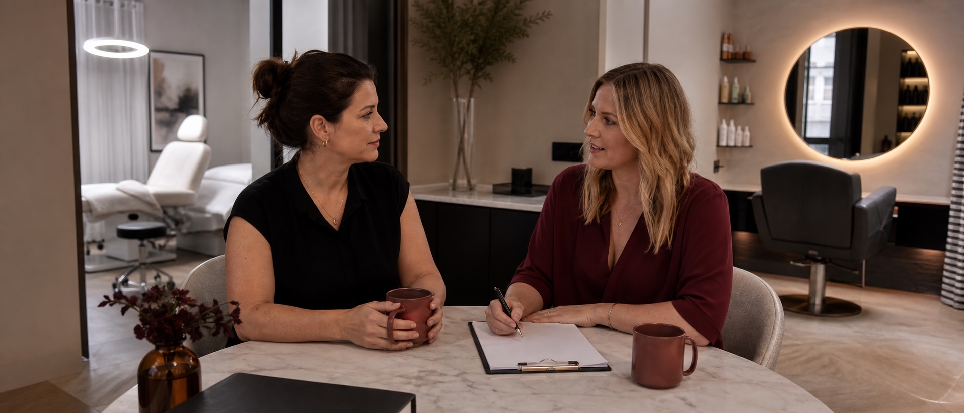 PMU artist and local salon professional planning a referral partnership over a clipboard and coffee